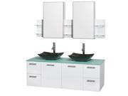 Wyndham Collection Amare 60 inch Double Bathroom Vanity in Glossy White Green Glass Countertop Arista Black Granite Sinks and Medicine Cabinets