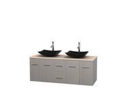 Wyndham Collection Centra 60 inch Double Bathroom Vanity in Gray Oak Ivory Marble Countertop Arista Black Granite Sinks and No Mirror