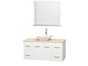 Wyndham Collection Centra 48 inch Single Bathroom Vanity in Matte White Ivory Marble Countertop Pyra Bone Porcelain Sink and 36 inch Mirror