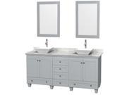 Wyndham Collection Acclaim 72 inch Double Bathroom Vanity in Oyster Gray White Carrera Marble Countertop Pyra White Porcelain Sinks and 24 inch Mirrors