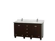 Wyndham Collection Acclaim 60 inch Double Bathroom Vanity in Espresso White Carrera Marble Countertop Undermount Square Sinks and No Mirrors