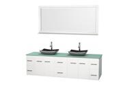 Wyndham Collection Centra 80 inch Double Bathroom Vanity in Matte White Green Glass Countertop Altair Black Granite Sinks and 70 inch Mirror
