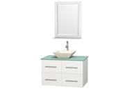 Wyndham Collection Centra 36 inch Single Bathroom Vanity in Matte White Green Glass Countertop Pyra Bone Porcelain Sink and 24 inch Mirror