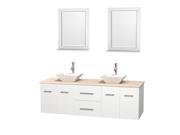 Wyndham Collection Centra 72 inch Double Bathroom Vanity in Matte White Ivory Marble Countertop Pyra White Porcelain Sinks and 24 inch Mirrors