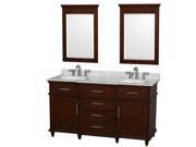 Wyndham Collection Berkeley 60 inch Double Bathroom Vanity in Dark Chestnut with White Carrera Marble Top with White Undermount Oval Sinks and 24 inch Mirror