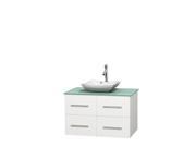 Wyndham Collection Centra 36 inch Single Bathroom Vanity in Matte White Green Glass Countertop Avalon White Carrera Marble Sink and No Mirror