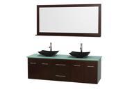 Wyndham Collection Centra 72 inch Double Bathroom Vanity in Espresso Green Glass Countertop Arista Black Granite Sinks and 70 inch Mirror
