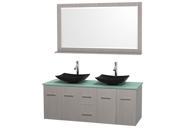 Wyndham Collection Centra 60 inch Double Bathroom Vanity in Gray Oak Green Glass Countertop Arista Black Granite Sinks and 58 inch Mirror