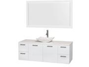 Wyndham Collection Amare 60 inch Single Bathroom Vanity in Glossy White White Man Made Stone Countertop Arista White Carrera Marble Sink and 58 inch Mirro