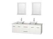 Wyndham Collection Centra 72 inch Double Bathroom Vanity in Matte White White Man Made Stone Countertop Pyra White Porcelain Sinks and 24 inch Mirrors