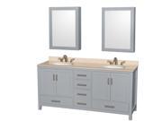 Wyndham Collection Sheffield 72 inch Double Bathroom Vanity in Gray Ivory Marble Countertop Undermount Oval Sinks and Medicine Cabinets