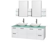 Wyndham Collection Amare 60 inch Double Bathroom Vanity in Glossy White Green Glass Countertop Arista White Carrera Marble Sinks and Medicine Cabinets