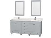 Wyndham Collection Acclaim 72 inch Double Bathroom Vanity in Oyster Gray White Carrera Marble Countertop Undermount Square Sinks and 24 inch Mirrors