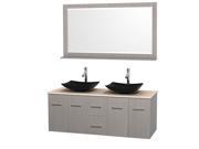 Wyndham Collection Centra 60 inch Double Bathroom Vanity in Gray Oak Ivory Marble Countertop Arista Black Granite Sinks and 58 inch Mirror