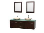 Wyndham Collection Centra 72 inch Double Bathroom Vanity in Espresso Green Glass Countertop Arista Ivory Marble Sinks and 24 inch Mirrors