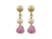 Dlux Jewels Gold Filled Post Earrings with Dangling White 4 mm Pearl Pink Color 5 x 5 mm Cubic Zirconia 0.71 in.