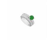 Fine Jewelry Vault UBJS622ABW14DE 14K White Gold Emerald Diamond Engagement Ring With Wedding Band Set 1.50 CT TGW 16 Stones