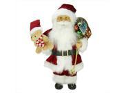 NorthLight 16 in. Red White Standing Santa Holding A Teddy Bear With Gift Bag