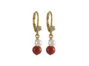 Dlux Jewels Red 6 mm Semi Precious Ball White 4 mm Fresh Pearl Dangling with Gold Plated Surgical Steel Lever Back White Crystal Earrings 1.02 in.