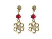 Dlux Jewels Red 4 mm Ball Cutout Flower White Crystal Center Dangling with Gold Filled Post Earrings 1.06 in.