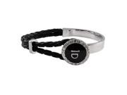 Dlux Jewels Black Braided Cord Rhodium Plated Brass Bangle Bracelet Circle Center with White Crystals 7.5 in.