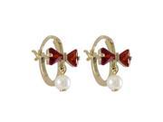 Dlux Jewels Red Cubic Zirconia Bow with 4 mm White Pearl Dangling Gold Plated Sterling Silver Baby Leverback Earrings 0.59 in.