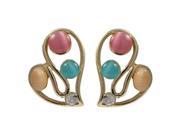 Dlux Jewels Gold Electro Plated Brass Multi Color Eye Stone with White Crystal Open Heart Design Post Earrings
