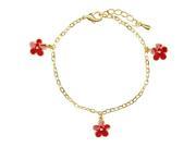 Dlux Jewels 3 Red Enamel Flowers Dangling with Gold Tone Brass Bracelet Size 5