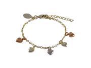 Dlux Jewels Tri Color Brass Flat Heart Charms on Gold Plated Brass Chain Bracelet 5 in.