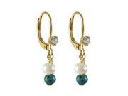 Dlux Jewels Turquoise 4 mm Ball White 4 mm Pearl Gold Tone Brass Lever Back with Crytal Earrings