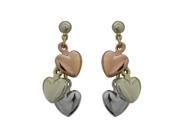 Dlux Jewels Tri Color Brass Three Dangling Hearts on Ball Post Earrings 1.15 in.