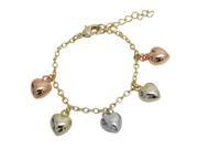 Dlux Jewels Tri Color Brass Puffy Heart Charms on Gold Plated Brass Chain Bracelet 4 x 1 in.