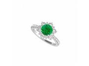 Fine Jewelry Vault UBUNR50834EW14CZE Emerald CZ Ring With Flower Design in 14K White Gold 10 Stones