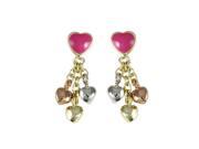 Dlux Jewels 21 mm Hot Pink Enamel Heart with Gold Brass Post Earrings 3 Small Tri Color Hearts Dangling