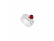 Fine Jewelry Vault UBUJS661ABAGCZR 925 Sterling Silver Created Ruby CZ Engagement Ring With Wedding Band Set 1.50 CT 4 Stones