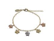 Dlux Jewels Tri Color Flower Charms Dangling on Gold Plated Brass Chain Bracelet 5 in.