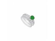 Fine Jewelry Vault UBJS656ABW14DE 14K White Gold Emerald Diamond Engagement Ring With Wedding Band Set 1.50 CT TGW 12 Stones