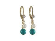 Dlux Jewels Turquoise 6 mm Semi Precious Ball White 4 mm Fresh with Pearl Dangling Gold Plated Surgical Steel Lever Back with White Crystal Earrings 1.02 in.