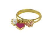 Dlux Jewels Gold Tone Brass Ring Hot Pink Enamel Heart with White Enamel Flower Light Pink Enamel Butterfly Charms Size 3