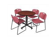 Regency TKB36RNDCH44BY 36 In. Round Laminate Table Cherry Kobe Base With 4 Zeng Stacker Chairs Burgundy