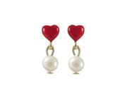 Dlux Jewels 4 mm White Pearl Dangling Red Enamel 4.5 x 4.75 mm Heart Gold Plated Sterling Silver Post Earrings 12.7 x 4.75 x 4 mm