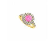 Fine Jewelry Vault UBUNR84598Y14CZPS Pink Sapphire Double Circle CZ 14K Yellow Gold Halo Engagement Ring 20 Stones