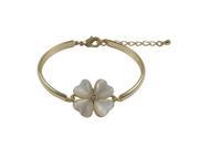 Dlux Jewels Mother Pearl Cats Eye Stone 20 mm Four Leaf Clover Flower with White Crystal Center Gold Plated Brass Bangle Bracelet 7 in.