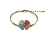 Dlux Jewels Multi Color Cats Eye Stone 20 mm Four Leaf Clover Flower with White Crystal Center Gold Plated Brass Bangle Bracelet 7 in.