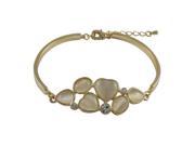 Dlux Jewels Mother Of Pearl Cats Eye Stone with White Crystal Heart Design Gold Plated Brass Bangle Bracelet 8 in.