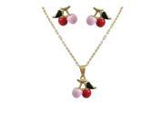 Dlux Jewels Pink Red Enamel Gold Plated Brass Cherry Post Earrings Necklace Set