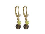 Dlux Jewels Smoky 6 mm Olive Jade 4 mm Semi Precious Balls Dangling with Gold Plated Surgical Steel Lever Back White Crystal Earrings 1.02 in.