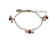 Dlux Jewels White 4 mm Fresh Water Pearls Red 4 mm Balls Dangling with Gold Plated Brass Chain Bracelet 5 in.