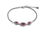 Dlux Jewels Rhodium Plated Sterling Silver 3 Ruby Marquise Shaped with White Cubic Zirconia Border with Two Row Box Chain Bracelet 6.5 x 1 in.