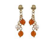 Dlux Jewels 22.5 mm Long Orange Semi Precious White Fresh with Pearl Three 4 mm Balls Dangling with Gold Filled Post Earrings
